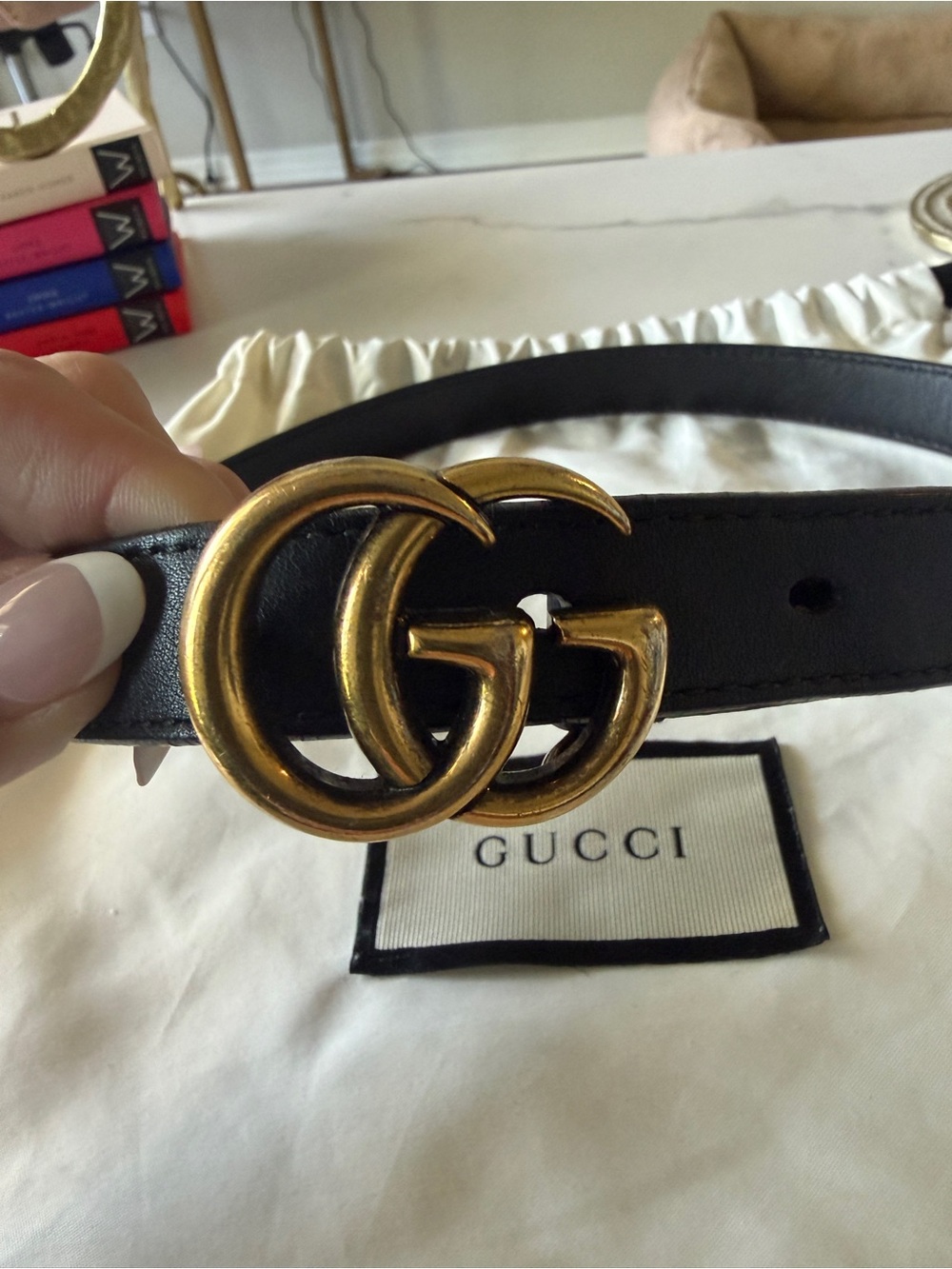 Authentic Gucci GG Marmont Thin Black Leather Belt Size 65
